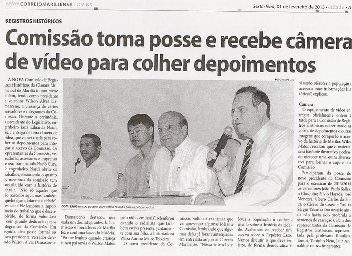 2013 237 Comissão toma posse e recebe câmera de vídeo para colher depoimentos - Correio Mariliense 01-02-2013.jpg