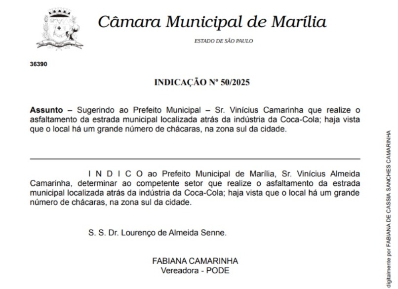 Reprodução da indicação da vereadora para que pavimentação de via fosse providenciada