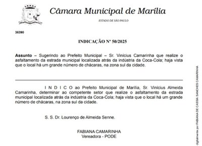 Reprodução da indicação da vereadora para que pavimentação de via fosse providenciada