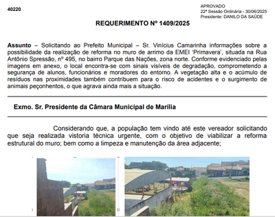 Requerimento apresentado pelo vereador solicitando melhorias na Emei Primavera