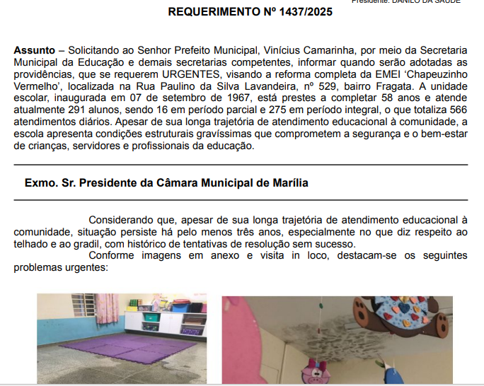 Requerimento solicitando intervenções urgentes na Emei Chapeuzinho Vermelho Requerimento solicitando intervenções urgentes na Emei Chapeuzinho Vermelho
